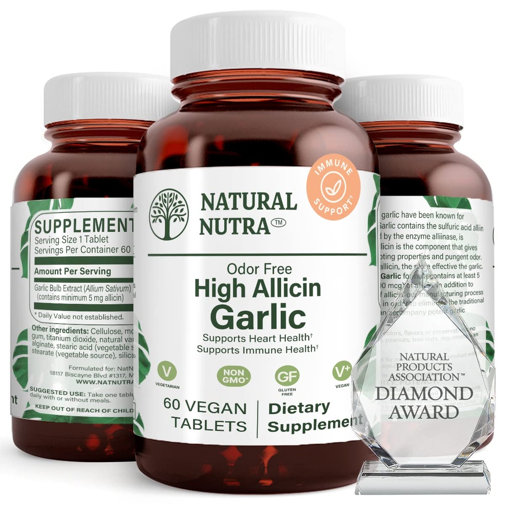 Natuurlijke Nutra Hoge Allicin Knoflook Supplement, Ondersteunt Immune System, Verbetert de gezondheid van het hart, Verbeteren Enzymen Gezondheid, Betere spijsvertering, Bestrijdt koude en griep, Vanille Coating, 500mg, 60 Vegan tabletten