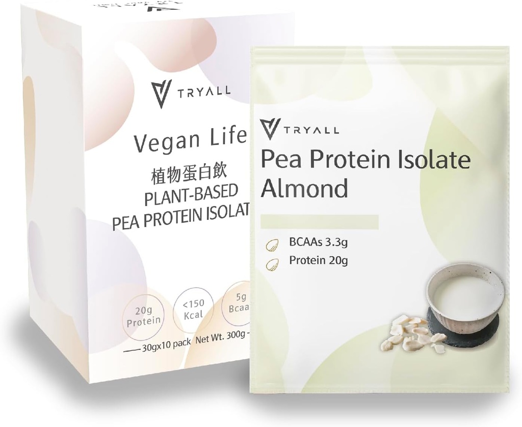 TRYALL Plant Based Pea Protein Powder Isolate (20g of Protein) Travel Sachets (Almond Milk, 10 Packs)