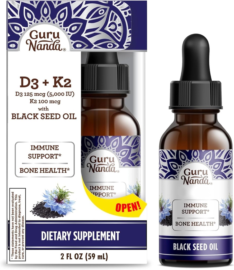 GuruNanda Wellness Bundle: vloeibare Ashwagandha met Bacopa (1 Fl Oz) voor Focus & Relaxation Support & Black Seed Oil (2 Fl Oz) met vitamine D3, K2 & E voor Immune Boosting - Vegan & Non-GMO