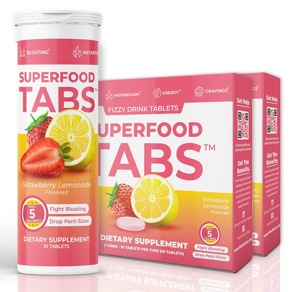 Superfood Tabs Superfoods Company Detox Cleanse Drink - Supplement for Women & Men - Support Healthy Weight, Digestive Health, Cravings & Bloating Relief - Strawberry Lemonade Flavor [60 Tablets]