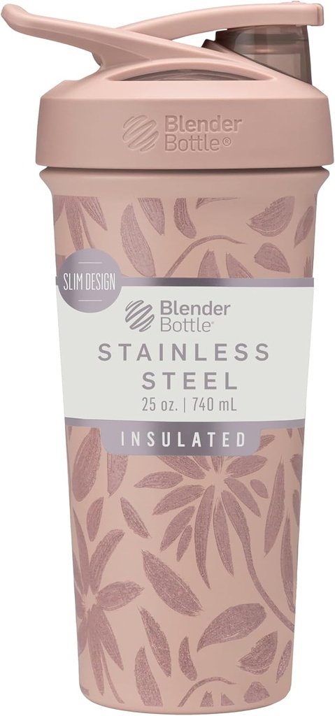 BlenderBattle Strada Flip Shaker Cup Geïsoleerde roestvrij stalen waterfles met draad Whisk, 25-Ounce, Bruine bloemen
