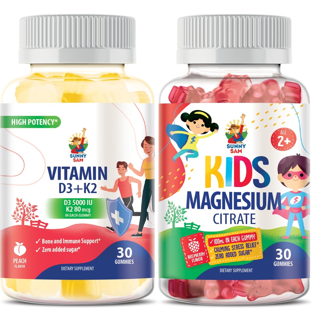 SUNNY SAM Magnesium Gummies for Kids and Vitamin D3 K2 Gummies 5000 IE.