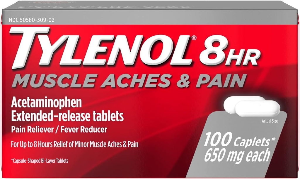 Tylenol 8 uur Spierpijn en pijn Capletten, 100 telling per fles (3 flessen)