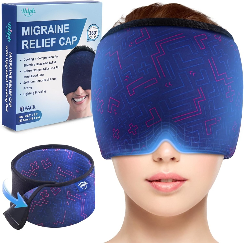 Hilph verstelbare Migraine Relief Cap met verdikte Gel Koude Compress, Hoofdpijn Relief Cap, Gezicht Koelende Masker Gel Head Wrap voor spanning, stress & kater, verzachtende gaven voor vrouwen mannen blauw