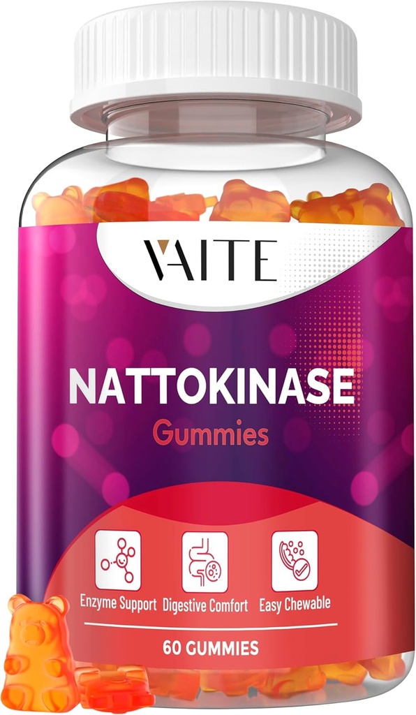 VAITE Nattokinase Supplement 2000 FU (Fibrinolytische Eenheden) 100mg - Enzyme Supplement, Veganistische Formule, Ondersteunt Gezondheid, Dubbele sterkte, Niet-GMO, Sojavrij, Glutenvrij, 60 Vegetarische Gummies