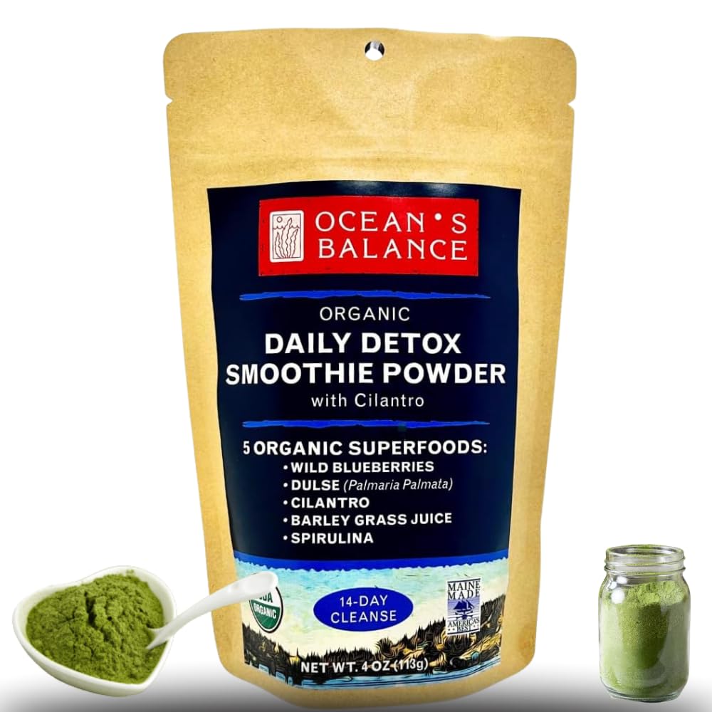 Ocean's Balance Daily Detox Smoothie Powder with Cilantro, Blueberry, Spirulina, Dulse Seaweed & Barley Grass Juice Powder 