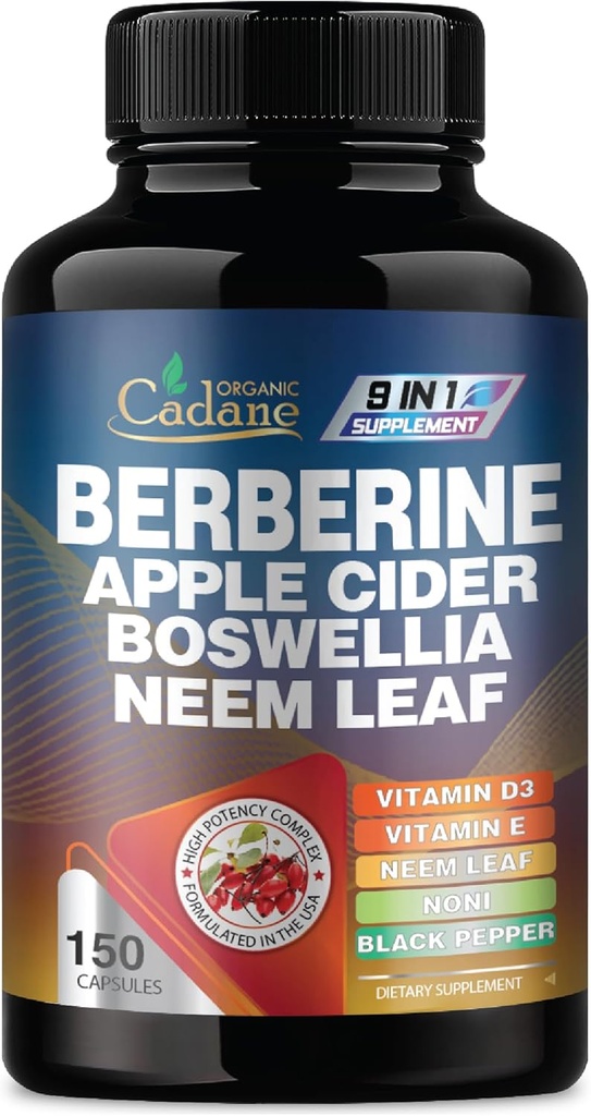 Berberinesupplement met Neem Leaf, Apple Cider Vinegar, VIT D3, E & More - 150 capsules Ondersteuning voor immuunsysteem, spijsvertering en algehele gezondheid