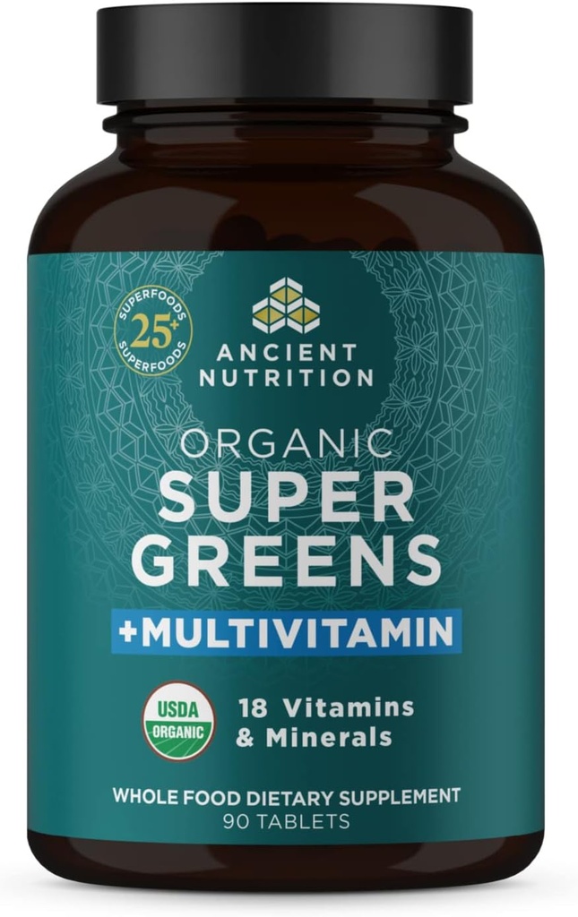 Ancient Nutrition Supergreens Multivitamin Tablets, Organic Superfood Powder with Multivitamins Made from Real Fruits, Vegetables and Herbs, for Digestive and Energy Support, 90 Count