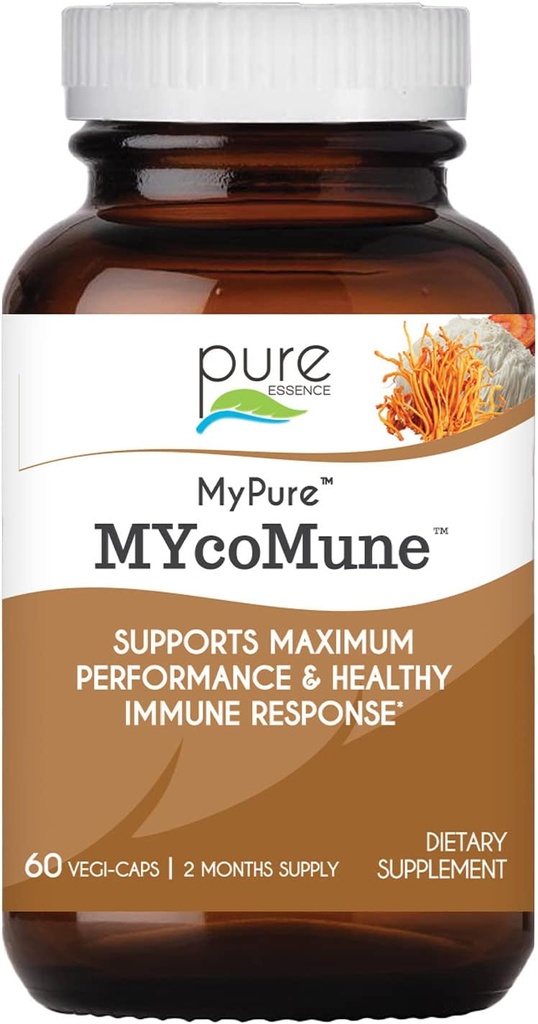 PURE ESSENCE LABS MYcoMune Immune Support Supplement - Geconcentreerde biologische paddopoeder Extract - Reishi, Lion's Mane, Cordyceps, Chaga, Shiitake, Maitake - 60 Caps