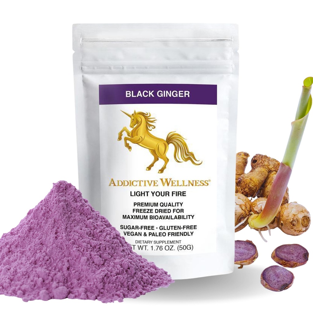 Verslavende Wellness Thaise zwarte gember voor mannen, Thaise gembersupplement ter ondersteuning van energie-metabolisme, endurance en prestaties, bevroren gedroogde zwarte gemberpoeder, 50 Gram (1,76 Ounce), Vegan & Paleo