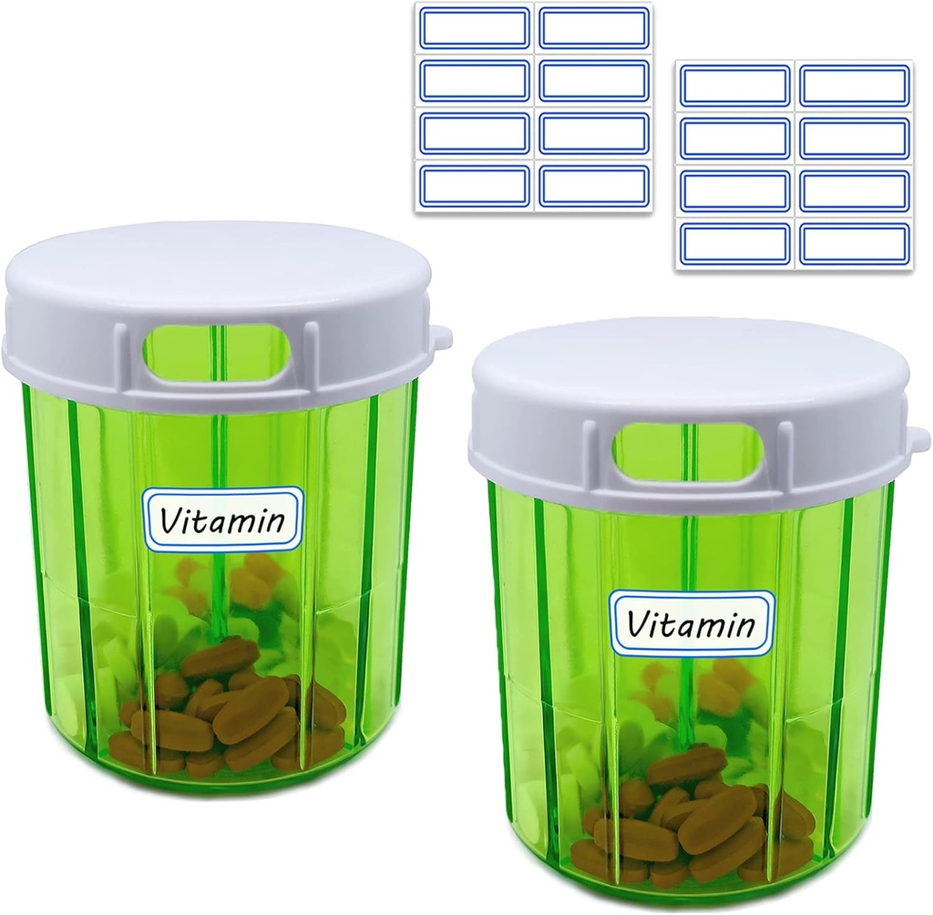 Pillen Organizer 4 Compartiment 2PCS Pill Dispenser Grote Portable Pill Box Maandelijkse Medicine Organizer voor pillen, visolie, vitaminen, supplementen (Pill Case 2 Pack + Zelfklevende etiketten)