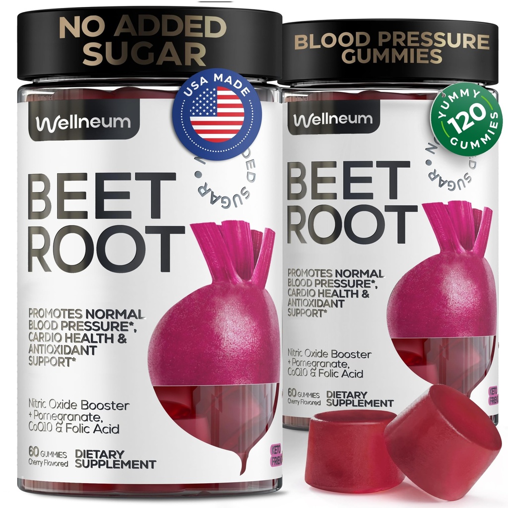 Beet voor hoge bloeddruk 120 stuks (2 stuks) - Beetwortelkauwers met granaatappelsappoeder - Nitric Oxide Gummies for Energy, Cardio Health - Gummy Supplement voor mannen en vrouwen - Suikervrij