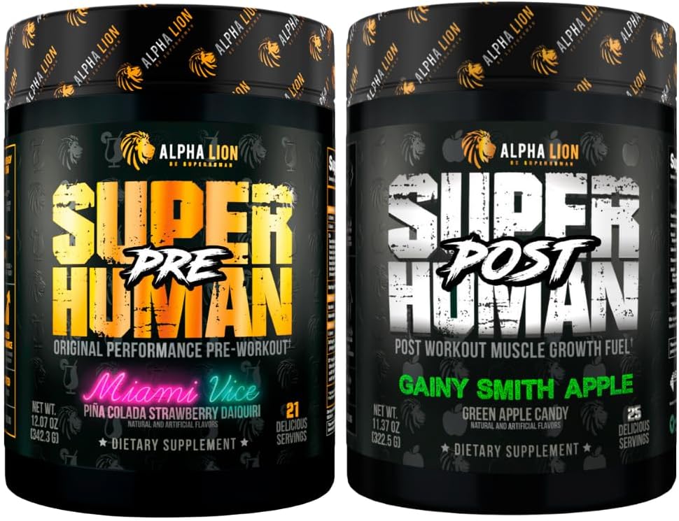 ALPHA LION Superhuman Pre Workout Powder & Post Workout Recovery Bundle (Miami Vice & Gany Smith Apple)