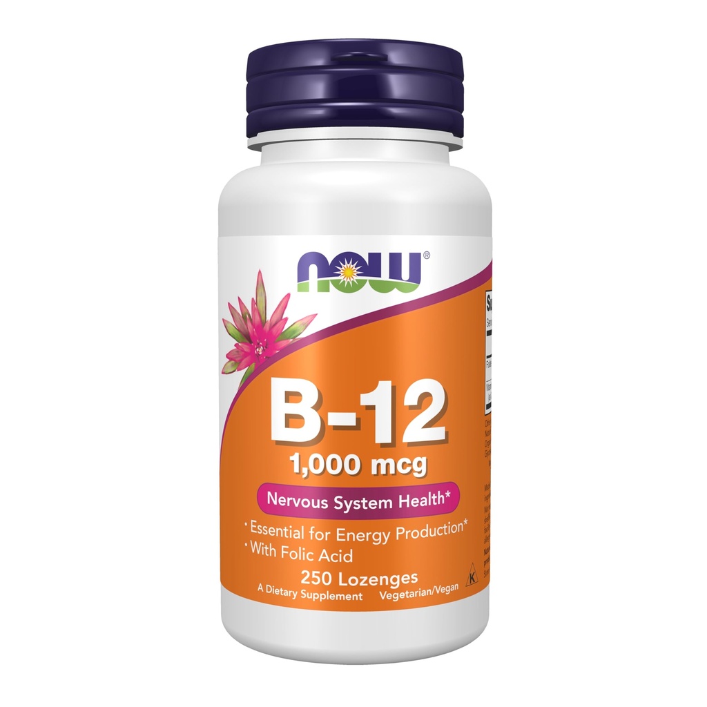 NOW Foods Supplementen, Vitamine B-12 1000 mcg met Foliumzuur, Zenuwstelsel Gezondheid*, 250 Kauwbare Lozen