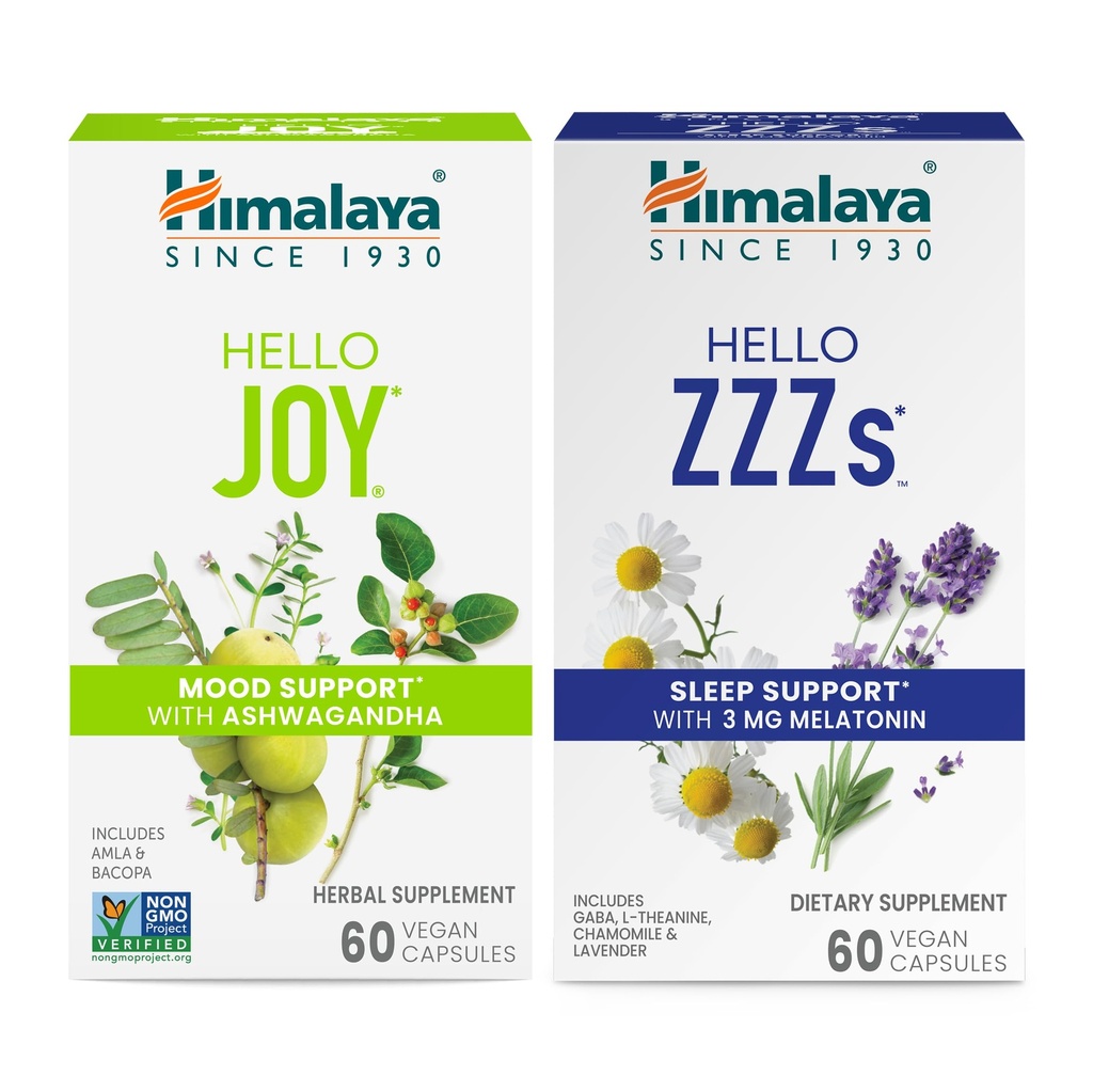 Himalaya Hallo Vreugde met Ashwagandha voor het verbeteren van Mood and Spirits & Hello ZZZs met Melatonine voor slaapondersteuning, 60 capsules elke - bundel