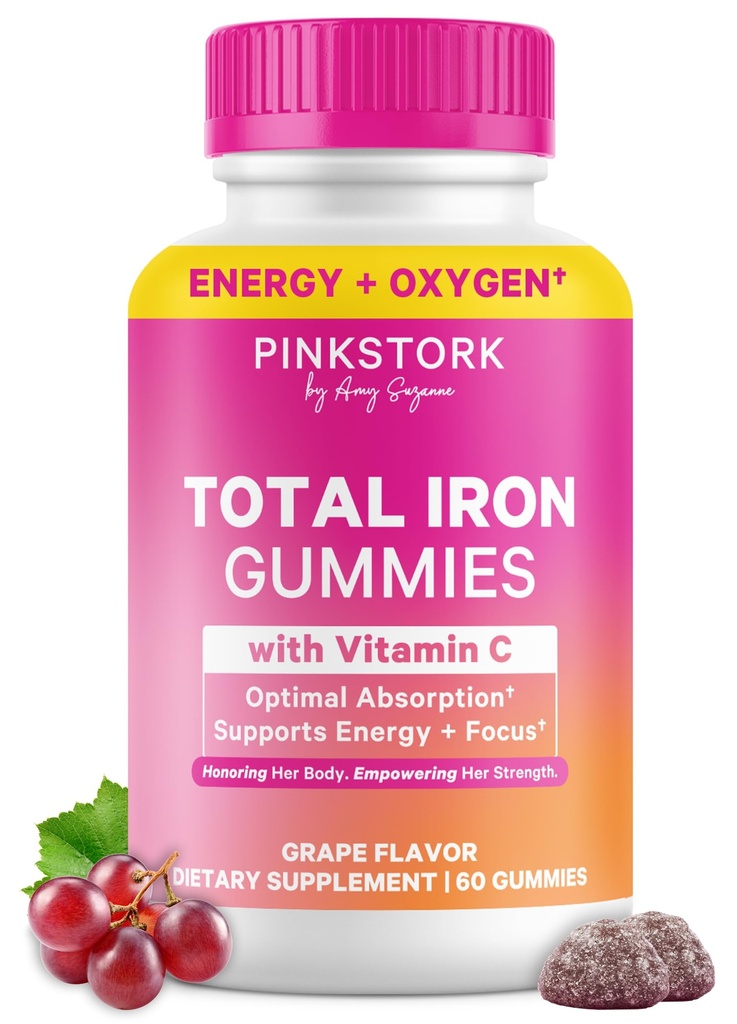Roze Stork Prenatale Iron Supplement Gummies voor vrouwen - 20 mg met vitamine C - Grape Kauwbaar voor tekort, energie, & Blood Builder - 60 Gummy Kauwen