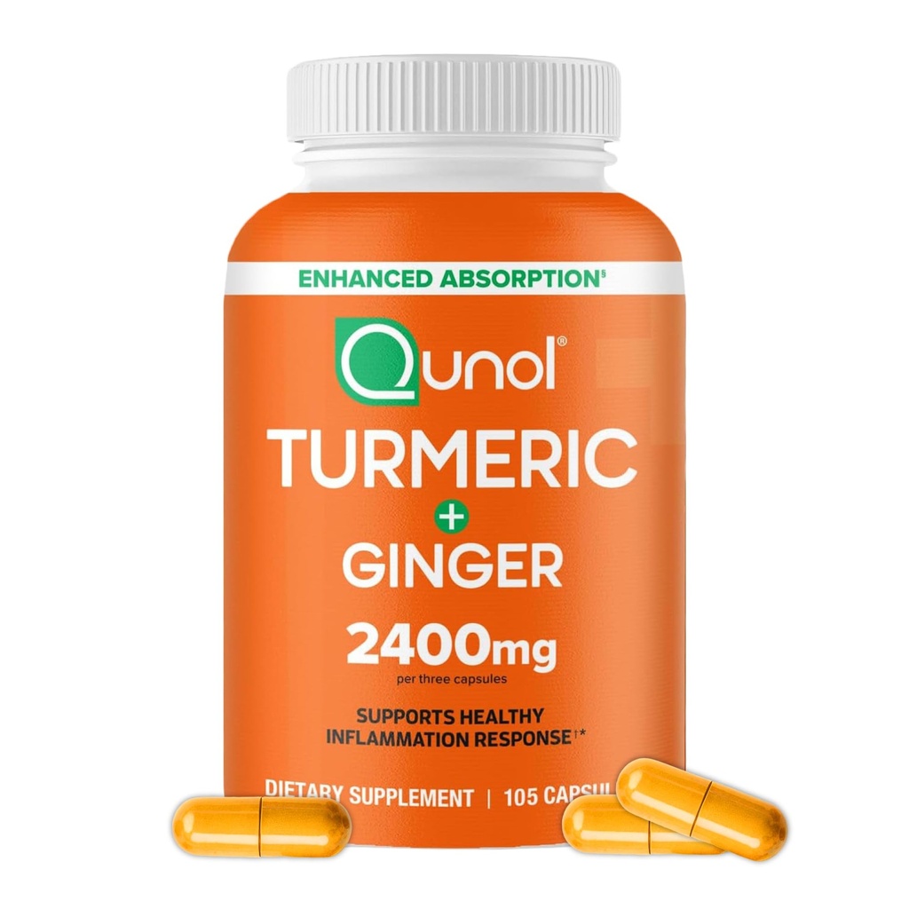 Qunol Kurkuma Curcumine met zwarte peper & gember, 2400mg Kurkuma Extract met 95% CurcumaÔden, Extra Sterkte Supplement, Verbeterde Absorptie, Gezamenlijke Ondersteuning Supplement, 105 Tellen