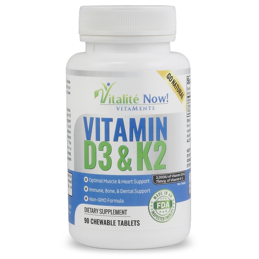 Beste vitamine D3 2000 IE + K2 - Geoptimaliseerde absorptie in beste vorm MK7 voor longgezondheid, sterke botten en gezond hart - Alle natuurlijke - kersensmaak - 90 kauwtabletten - 3 maanden levering!