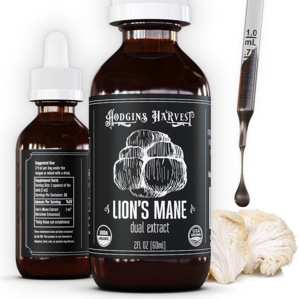 Hodgins Oogst Biologische Lion's Mane Fruiting Body Extract Tinctuur - Mushroom Supplement voor Hersengezondheid en Mental Focus - Dual Extract Formula - Extra Geconcentreerd - 2 floz Fles