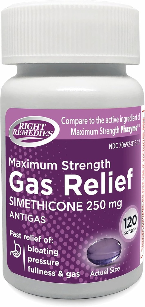 Gas Relief Maximum Strength, Simethicone 250 mg, (120 Softgels), Fast Relief from Gas, Bloating, Fullness, Painful Discomfort, Compare to Maximum Strength Phazyme Active Ingredient