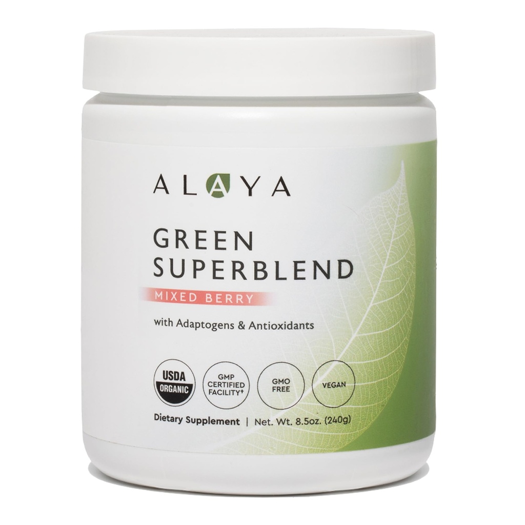 Alaya Organic Super Greens Powder - Premium Green Juice Superfood Supplement Powder - Adaptogens, Antioxidanten & Probiotica Blend - USDA Organic, Non-GMO, Vegan - 30 Servings (Mixed Berry)