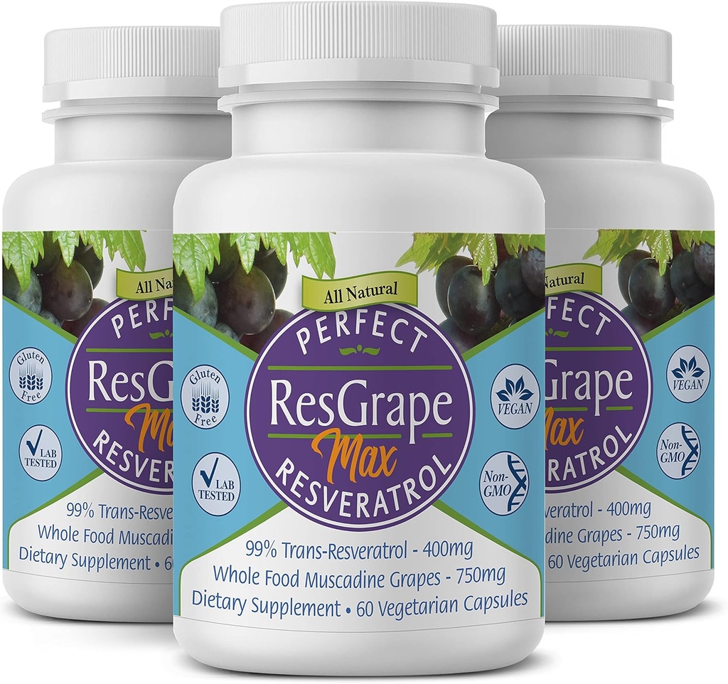 Perfect ResGrape Max, 60 plantaardige capsules per fles(verpakking van 3) ~ 99% Trans-Resveratrol & Muscadine Grape ~ Anti-Aging Supplement & Potent Antioxidant