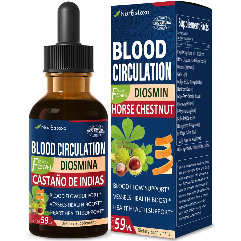 Bloedcirculatie Horse Chestnut Extract Liquid Drops, Castaño de Indias y Diosmina para la Circulacion y Varices, Nitric Oxide Supplement for Blood Flow, Pressure & Heart Health.2 oz