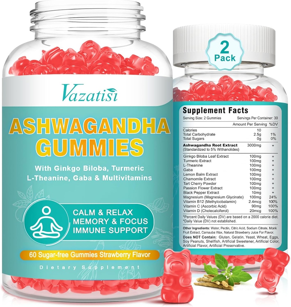 2 Pack Ashwagandha Gummies met Kurkuma GABA Mood Energie en Immune Ondersteuning, Aardbei Smaak 120 Ct