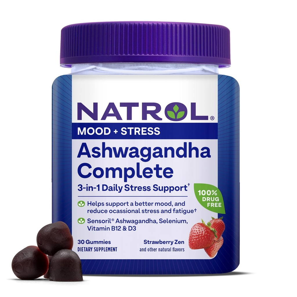Natrol Ashwagandha Complete Gummy, 3-in-1 Dagelijkse Stress Ondersteuning, Ondersteunt Betere Mood, Vermindert Occasional Stress en vermoeidheid, 30 Gummies, Tot een levering van 15 dagen
