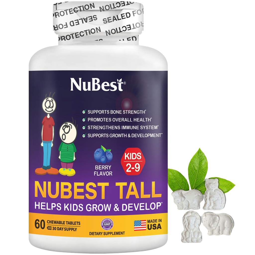 NuBest Tall Kids - Multivitaminen & mineralen voor de leeftijd van 2 tot 9 - Botsterkte & Immuniteit Ondersteuning - Helpt kinderen, peuters Gezond - Dierenvorm - 60 Kauwbare Berry Tablets