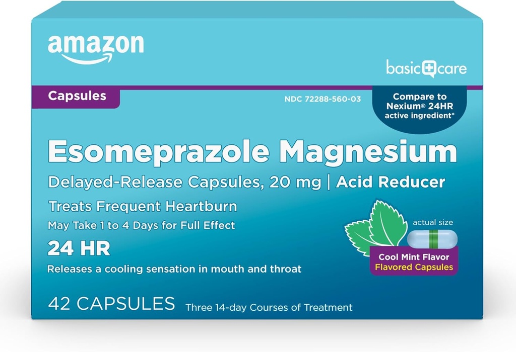 Basic Care Esomeprazol Magnesium Vertraagde Release Capsules 20 mg, Acid Reducer, Cool Mint, 42 Tellen (3 verpakkingen van 14)