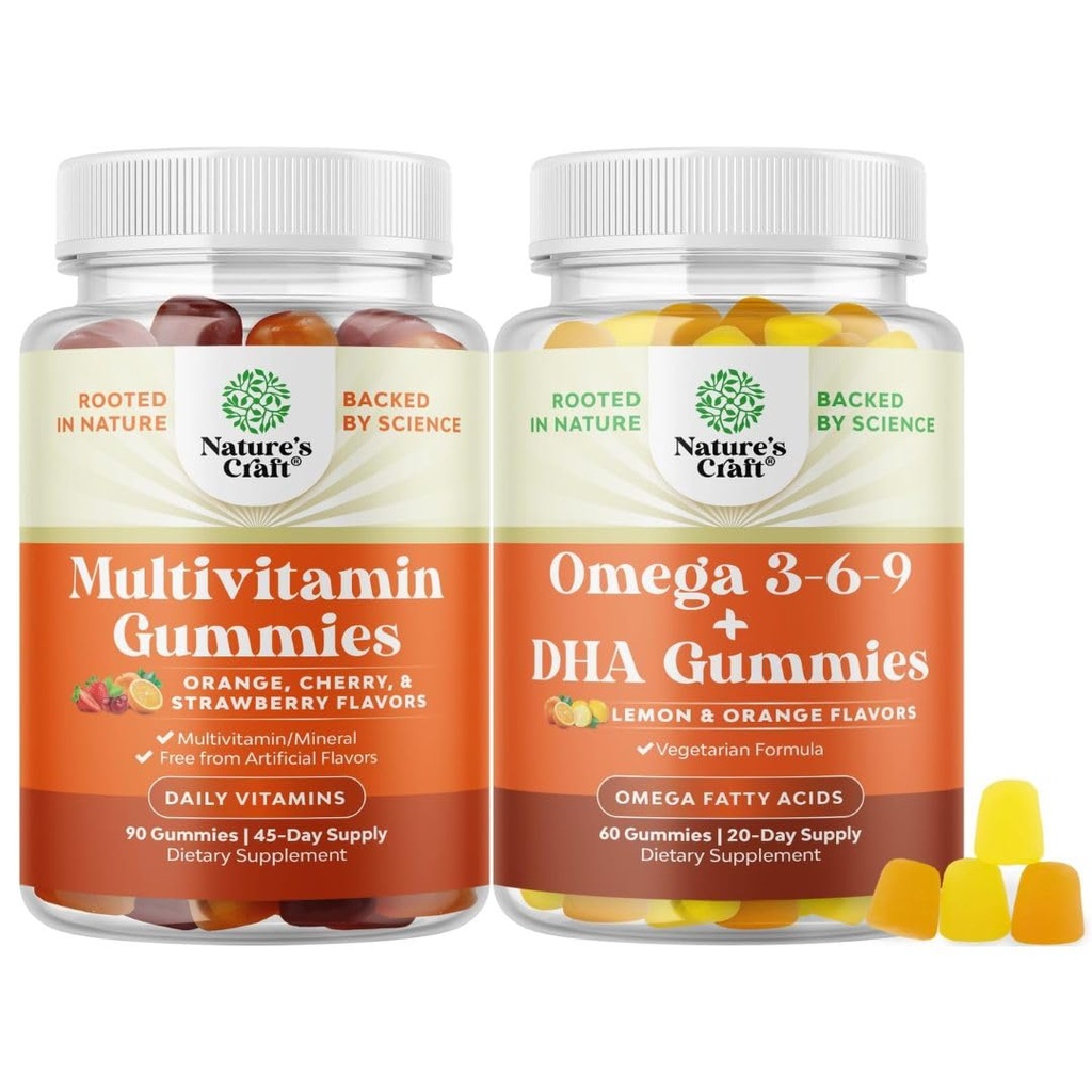 Bundle of Multivitamin Gummies - Halal Multivitamin Gummy with B12 Biotin Zinc & Vitamin D and Vegetarian Omega 3 6 9 DHA Gummies for Brain Bone Heart Health and Joint Support - Burpless Fish Free