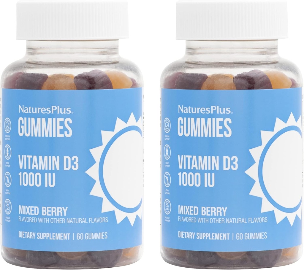 NaturesPlus Gummies Vitamine D3 1000 IE, Mixed Berry - 60 Gummies, Pack of 2 - Promoot Bone Health & Immune Function - Veganistisch, Glutenvrij, Non-GMO - 120 TotaalDiensten