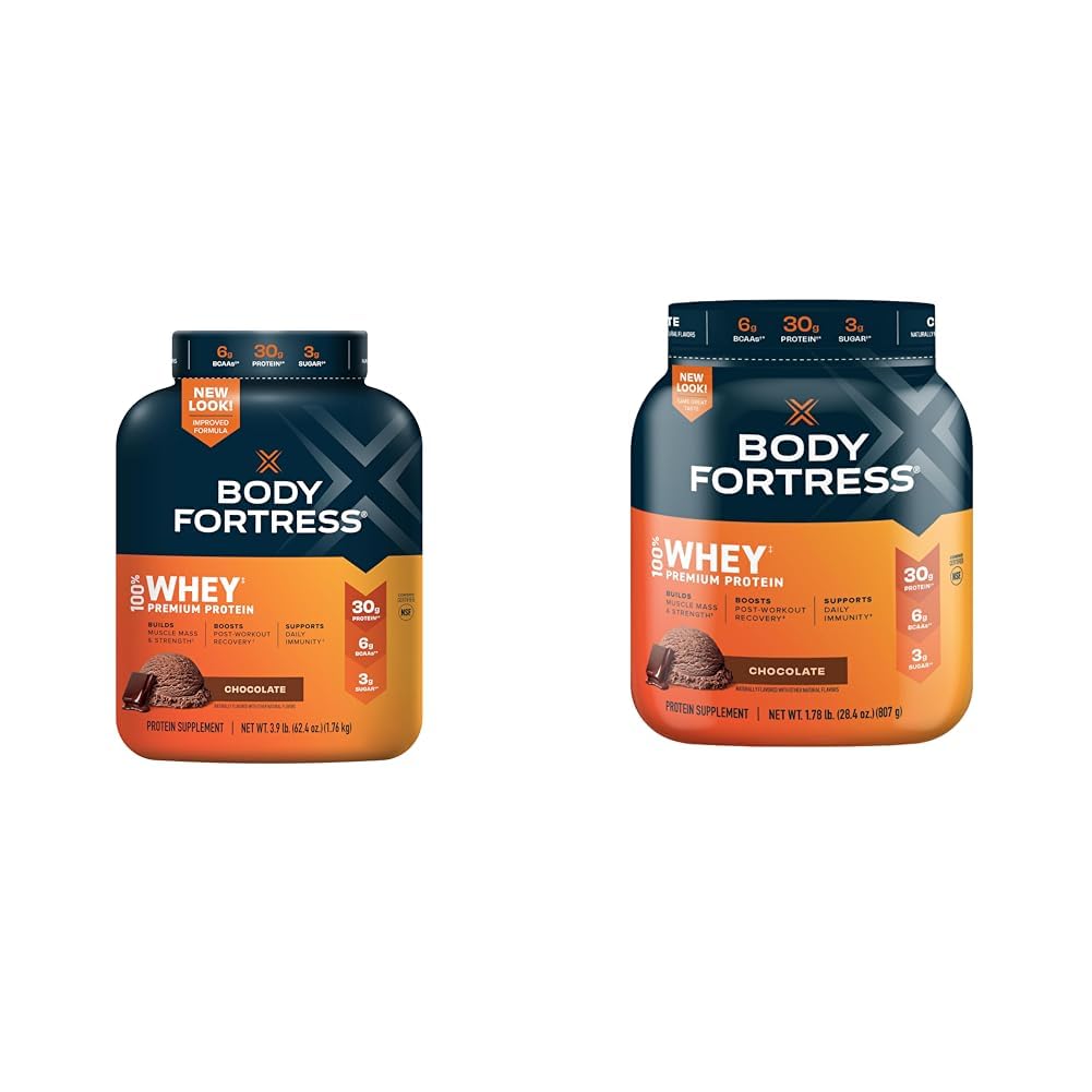 Body Fortress 100% Wei, Premium Proteïne Poeder, Chocolade, 3.9lbs (Verpakking mei Vary) & 100% Wei, Premium Proteïne Poeder, Chocolade, 1.78lbs (Verpakking mei Vary)