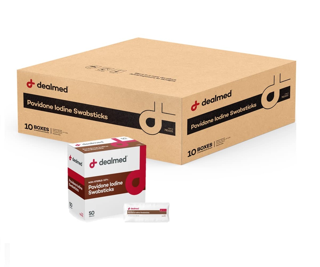 Dealmed Povidone Iodine 10% Swabsticks - Individually Sealed Packets Perfect for Wound Care and Portable First Aid Kits, 50/Box (Case of 10)