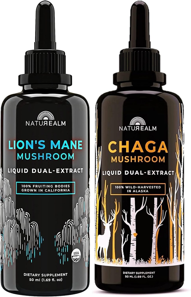 Naturealm Lion's Mane & Chaga Mushroom Extract - Adaptogen Stack for Focus, Immunity, Longevity, Stress Relief, Gut Health, Anti-Aging, Energy & More - Organic Liquid Drops - 50 ml Each (2 Pack)