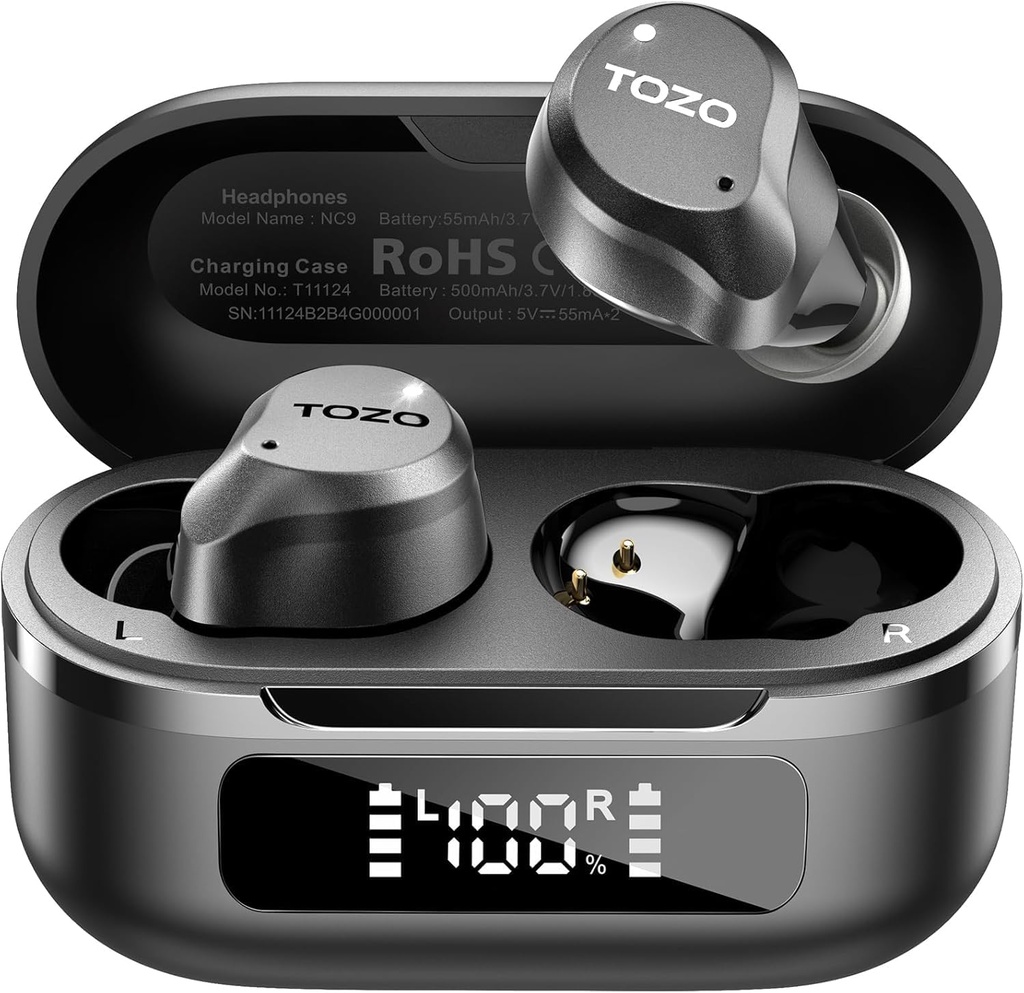 TOZO NC9 Hybrid Active Noise Cancelling Draadloze oordopjes, 6 Mics ENC Clear Call, IPX8 Waterdicht, in oor Bluetooth 5.3 Hoofdtelefoon Stereo Bass oor Buds 59H Speeltijd met LED Display 32 EQs via APP