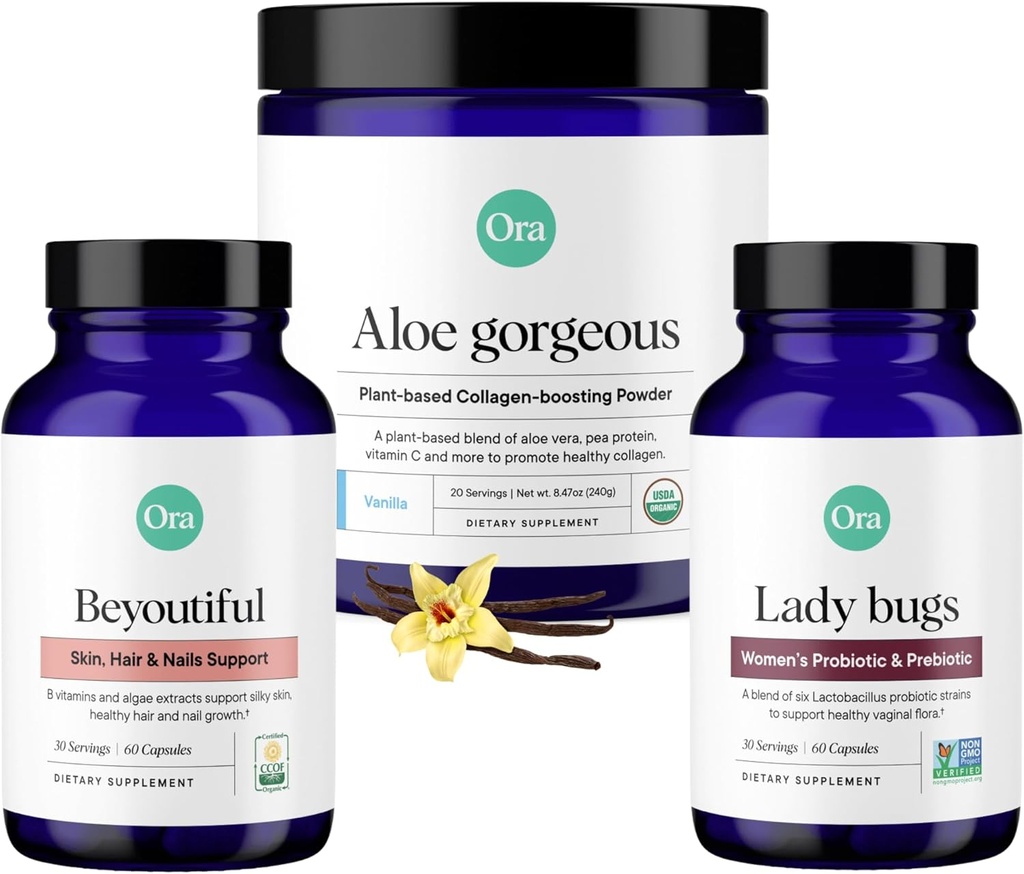 Ora Organic Vegan Collagen, Probiotics, Prebiotics & BeYouTiful Bundle: Aloe Vera - Vanilla Flavor, 20 Servings + 60 Vegan Probiotic Capsules + Hair, Skin, & Nails Support, 60 Vegan Capsules