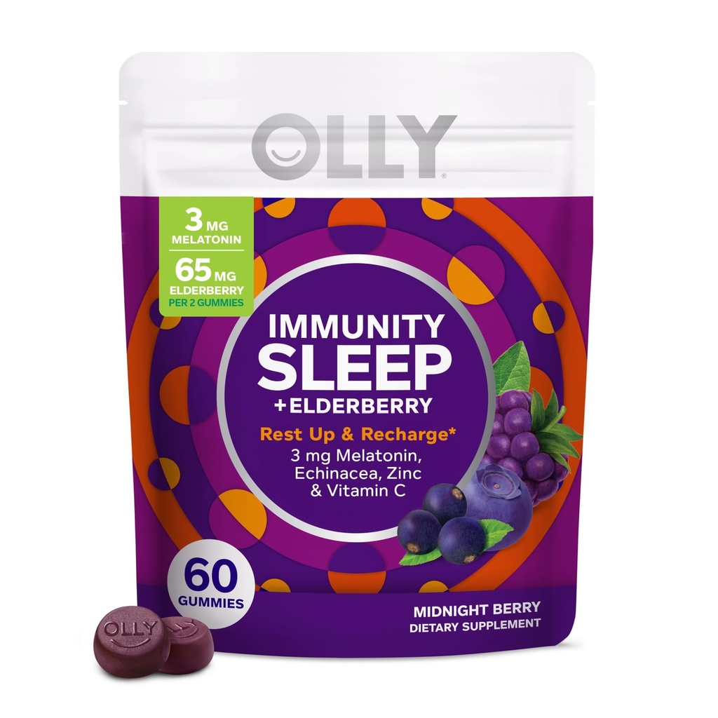 OLLY Immuniteit Slaap Gummy, Immuun en Slaap Ondersteuning, 3mg Melatonine, Echinacea, Zink, Vitamine C, Kauwbare Supplement, Berry - 60 Tellen