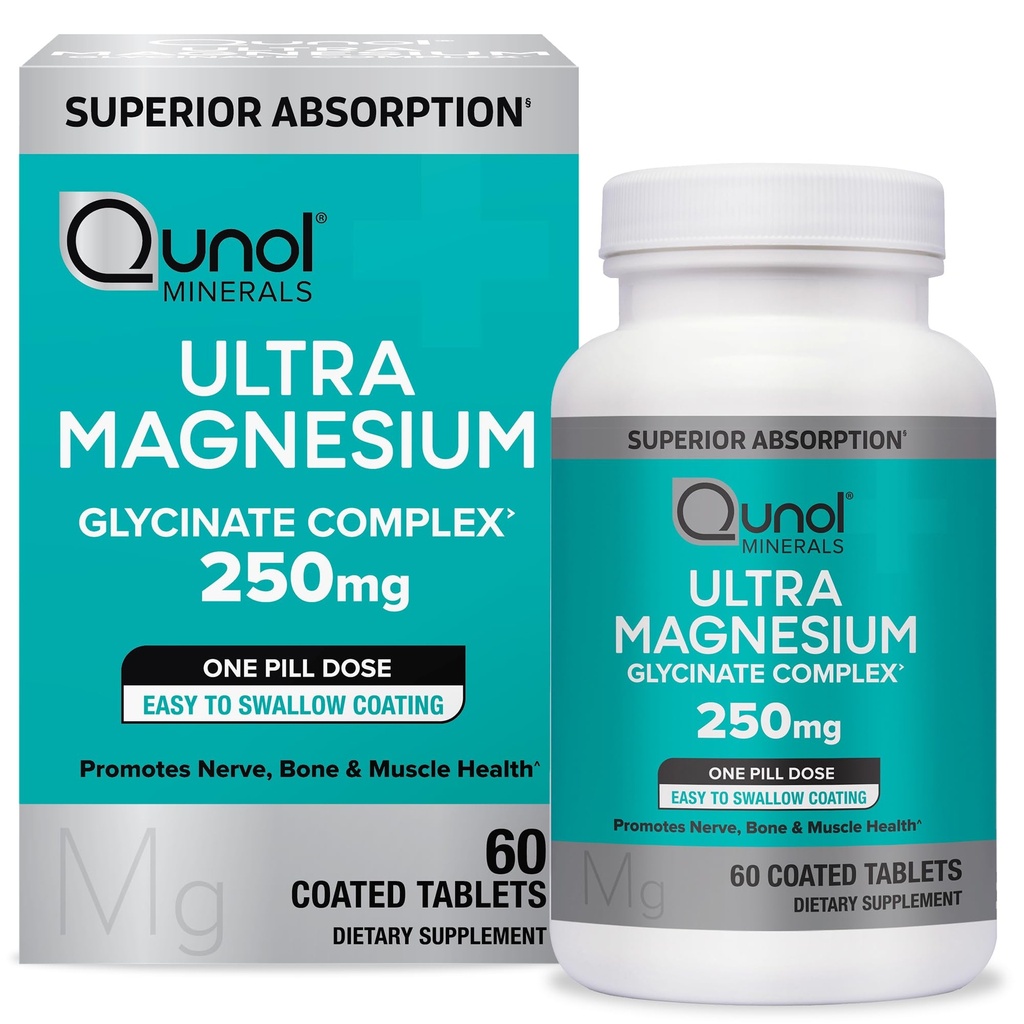 Qunol Magnesium Glycinate Complex, Zacht op de maag, 250 mg één pil dosis, Superior-Absorptie Magnesium, Zenuw, Bone en Muscle Health Supplement, 60 Tel (Pack of 1)