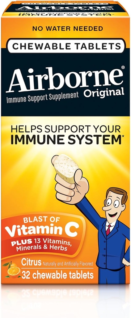 Airborne 1000mg Vitamine C Kauwtabletten met Zink, Immuun Ondersteuning Supplement met Krachtige Antioxidanten Vitaminen A C & E - 32 Kauwtabletten, Citrus smaak