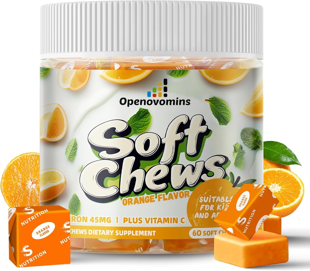 IJzersupplement Kauwt met vitamine C voor vrouwen mannen en kinderen, natuurlijke Veganische ijzer Zachte Kauw met vitamine B6,B12,D, Calcium & Zink - energiesteun, 60 Oranje SoftChews,2 maand levering