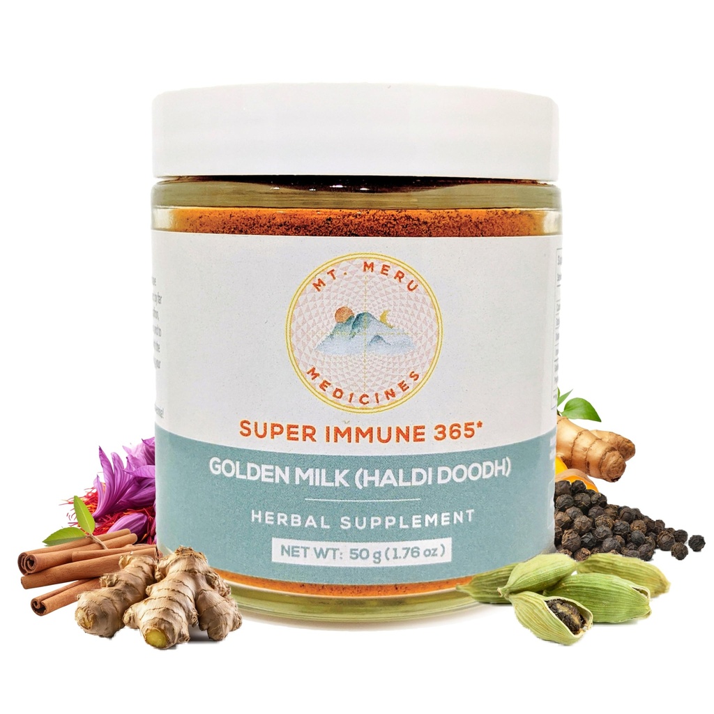 Mt.Meru Medicijnen Ayurvedic Haldi Doodh/Gouden Melk Superblend- met Immune Boosting Formula, Gluten-Free, voor Brain Health, Gut Support met High Curcumin Lakadong Turmeric (1.76oz/50g)
