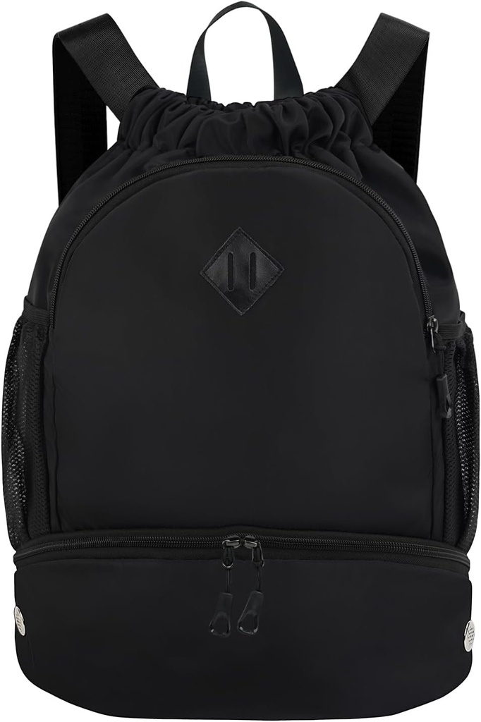 Trekkoord Rugzak Gym Rugzak met Schoen Compartiment voor Mannen Vrouwen String Sporttas met Wet Pocket Cinch Zwem Beach Bag, Zwart (Patent hangende)