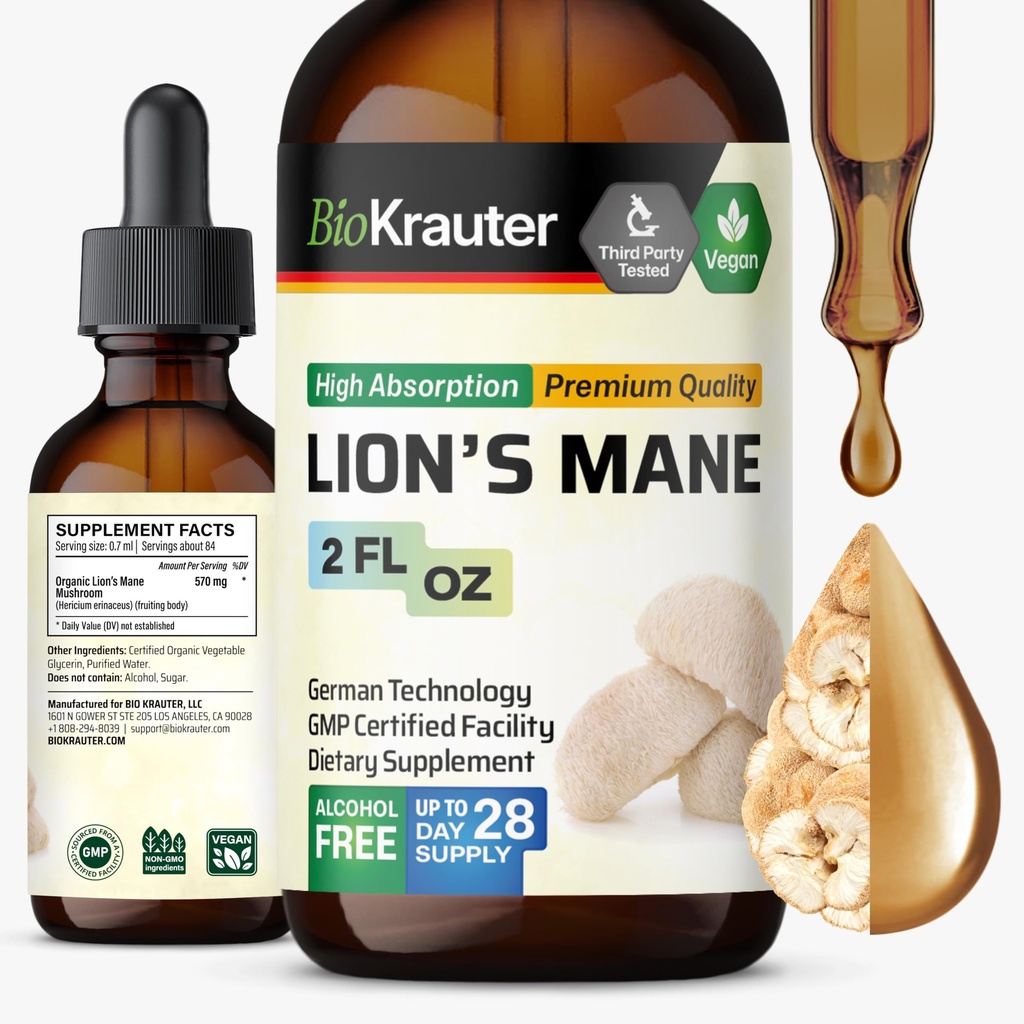 BIO KRAUTER Lions Mane Liquid Extract - Paddestoelensupplement voor hersenondersteuning - Vegan Lions Mane Supplement - Alcohol en suikervrije druppels - 2 Fl.Oz.