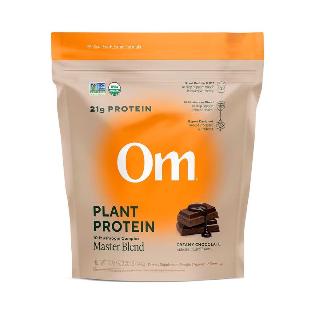 OM MUSHROOM SUPERFOOD Master Blend Vegan Protein Biologische Chocolate Plant Protein met 10 pezen, Ashwagandha, BCAA's & B12 