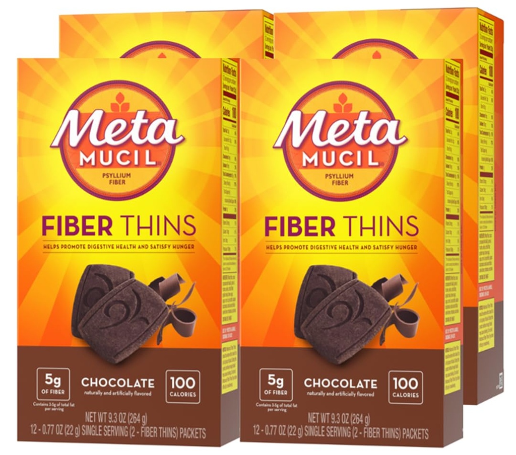 Metamucil, Fiber Thins, Daily Psyllium Husk Fiber Supplement, Ondersteunt Decompensative Health en Tevredenheden Honger, Chocolade smaak, 48 Total Servings (4 Packs of 12)