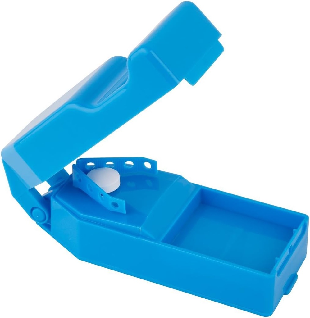 EZY DOSE Pillensnijder en splitter met dispenser, snijdt pillen, vitamines, tabletten, roestvrij staal blade, reizen Size, veilig knippen pillen en vitaminen, gemakkelijk te gebruiken, kleur mei Vary, BPA vrij