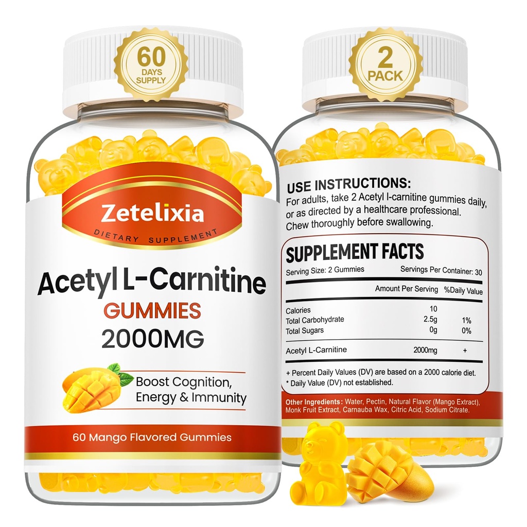 2 Pack Acetyl L-Carnitine Gummies, L-Carnitine Supplement voor vrouwen en mannen, Voedingssupplement voor Boost Energie, Immuniteit & Brain Health, Veganistan, Non-GMO, Mango smaak, 120 Tel.