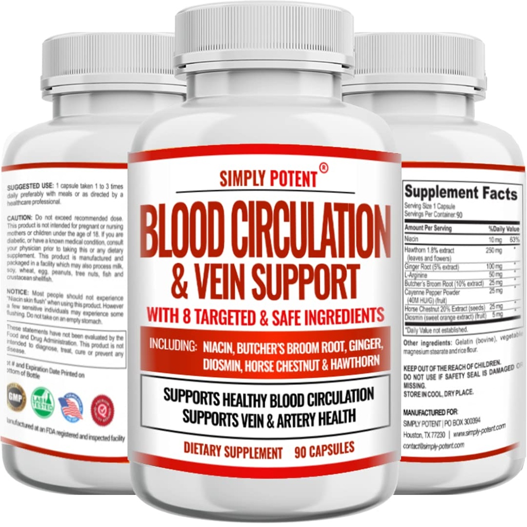 Bloedcirculatie & Vein Ondersteuning Supplement, 90 Caps, helpt met spinnen en varicose Veins, ondersteunt schepen, been en cardiovasculaire gezondheid met Niacin, Ginger, Cayenne Pepper